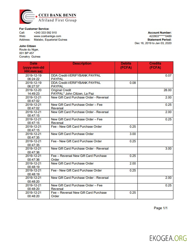 Modèle de justificatif de domicile de la Banque CCEI de Guinée équatoriale